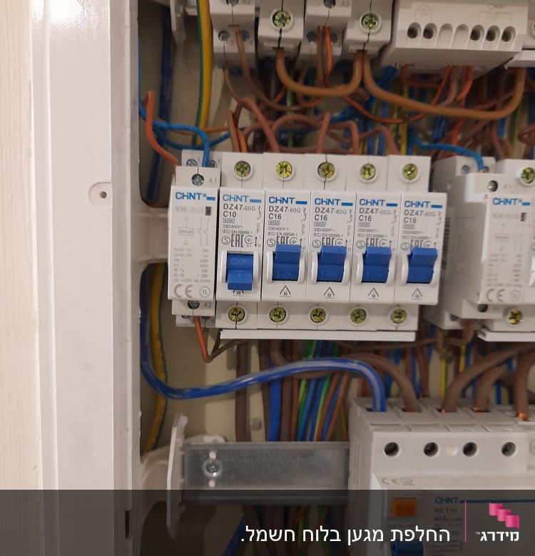 לוח חשמל עם מפסקים וחוטי חשמל צבעוניים